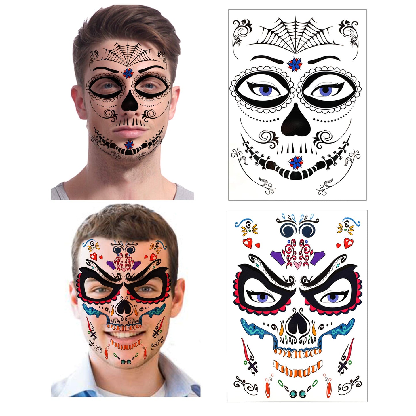 Halloween Temporary Face Tattoos (12Pack), Konsait Day of the Dead Sugar Skull Floral Black Skeleton Web Red Roses Full Face Mask Tattoo for Women Men Adult Kids Boys Halloween Party Favor Supplies