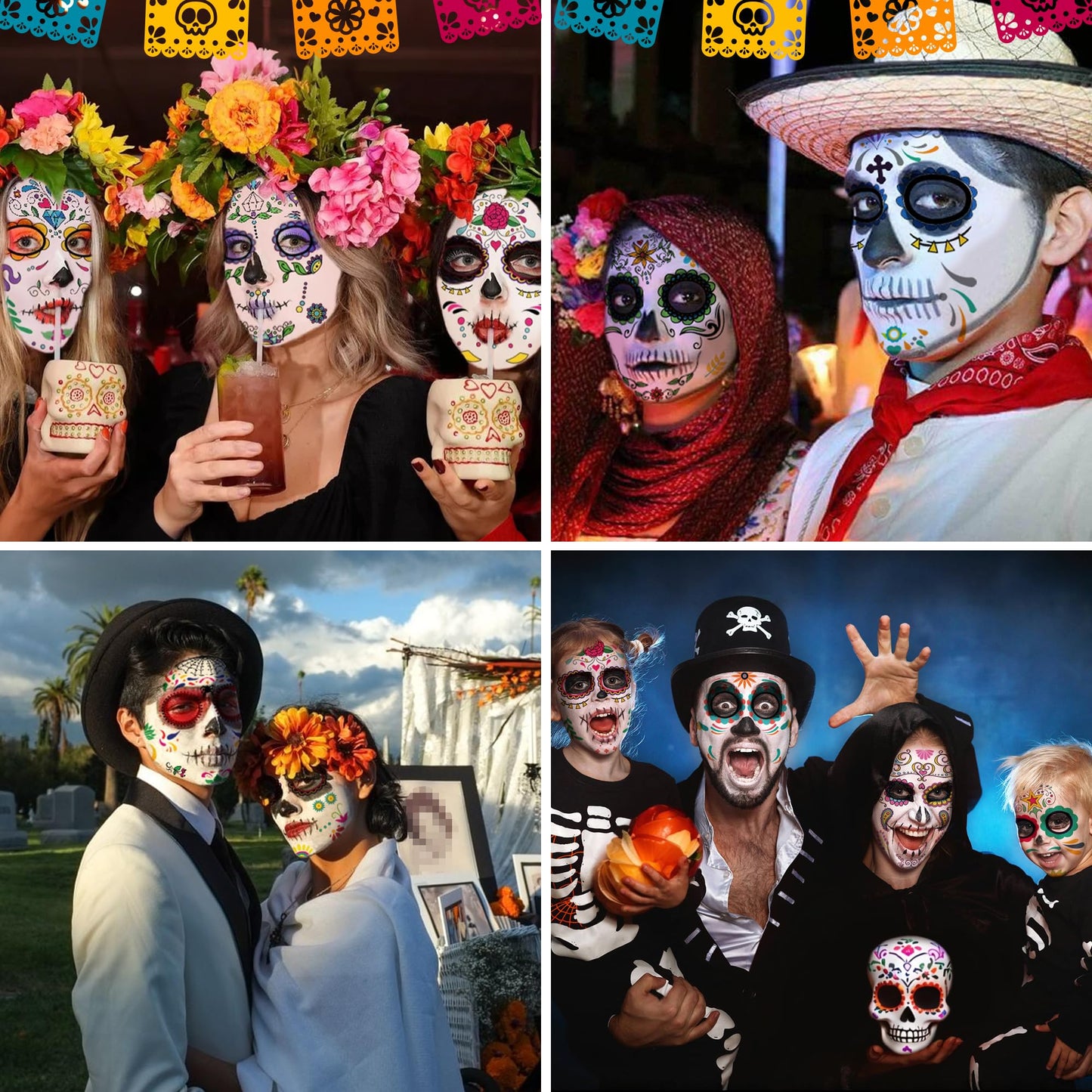 18 Pack Day of the Dead Face Tattoos, Sugar Skull Catrina Makeup Kit, Halloween Mask Temporary Tattoo Stickers, Skeleton Paint Dia de los Muertos Decorations, Accessories, Favors & Costumes