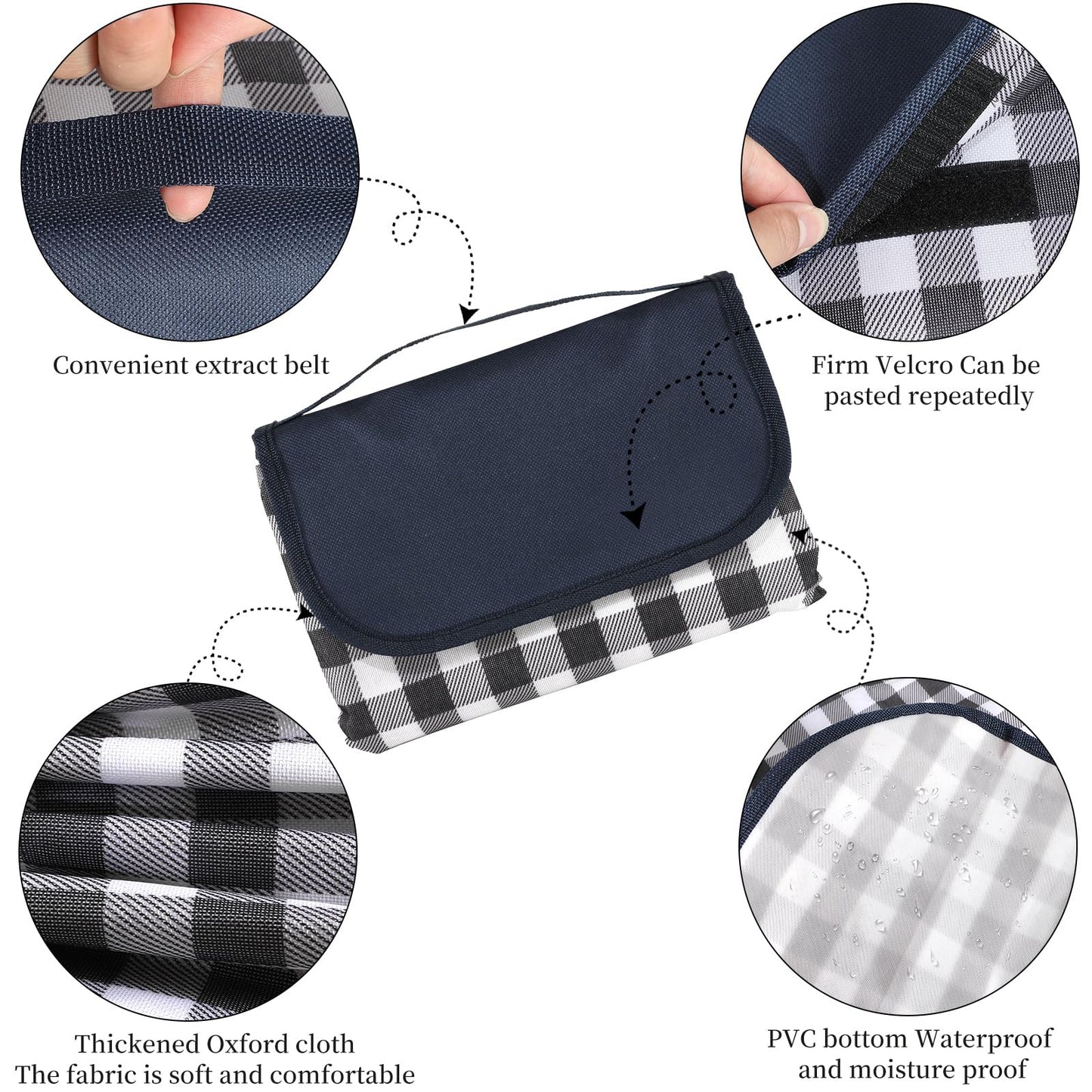 GUSUWU Picnic Blanket Waterproof Beach Rug 80''x80'' Picnic Mat Washable Lightweight with Handle Navy Blue Checkered for Hiking Travelling Outdoor Camping,Parks