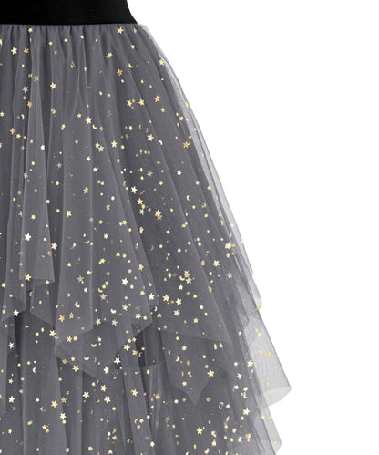 Ellames Women's Tulle Skirts High Low Layered Puffy Fairy Skirts Midi Length Irregular Tutu Skirt Dark Gray Sequin Small