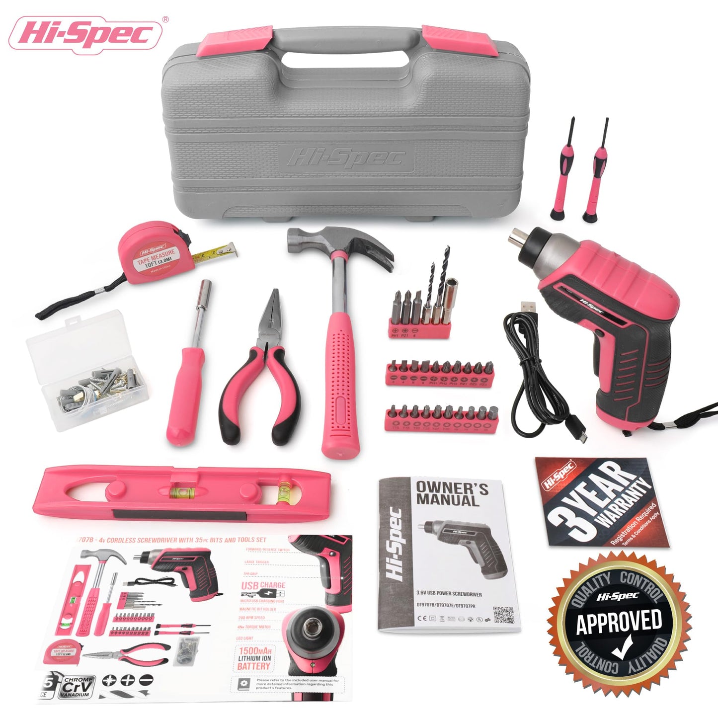 Hi-Spec 35pc Pink Tool Kit with 3.6V USB Electric Screwdriver and Drill Set. Complete Women Tool Set