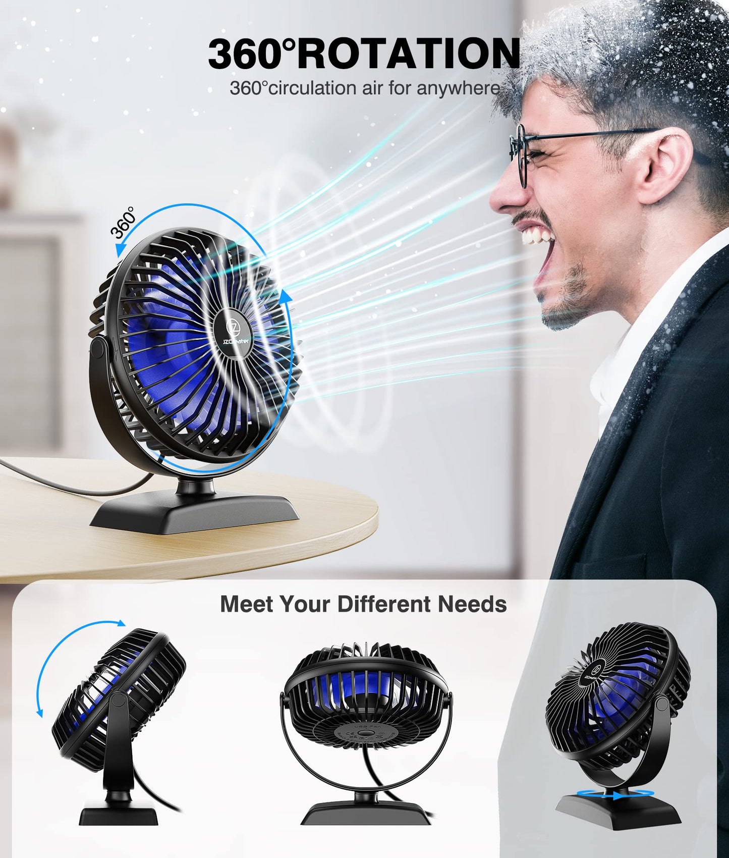 JZCreater Mini Desk Fan，3 Speed Ultra-Quiet Operation，Portable USB Cooling Fan for Office Desk, Bedroom Use, Personal Fan with Adjustable Tilt for Summer Indoor/Outdoor,USB-Powered, Black