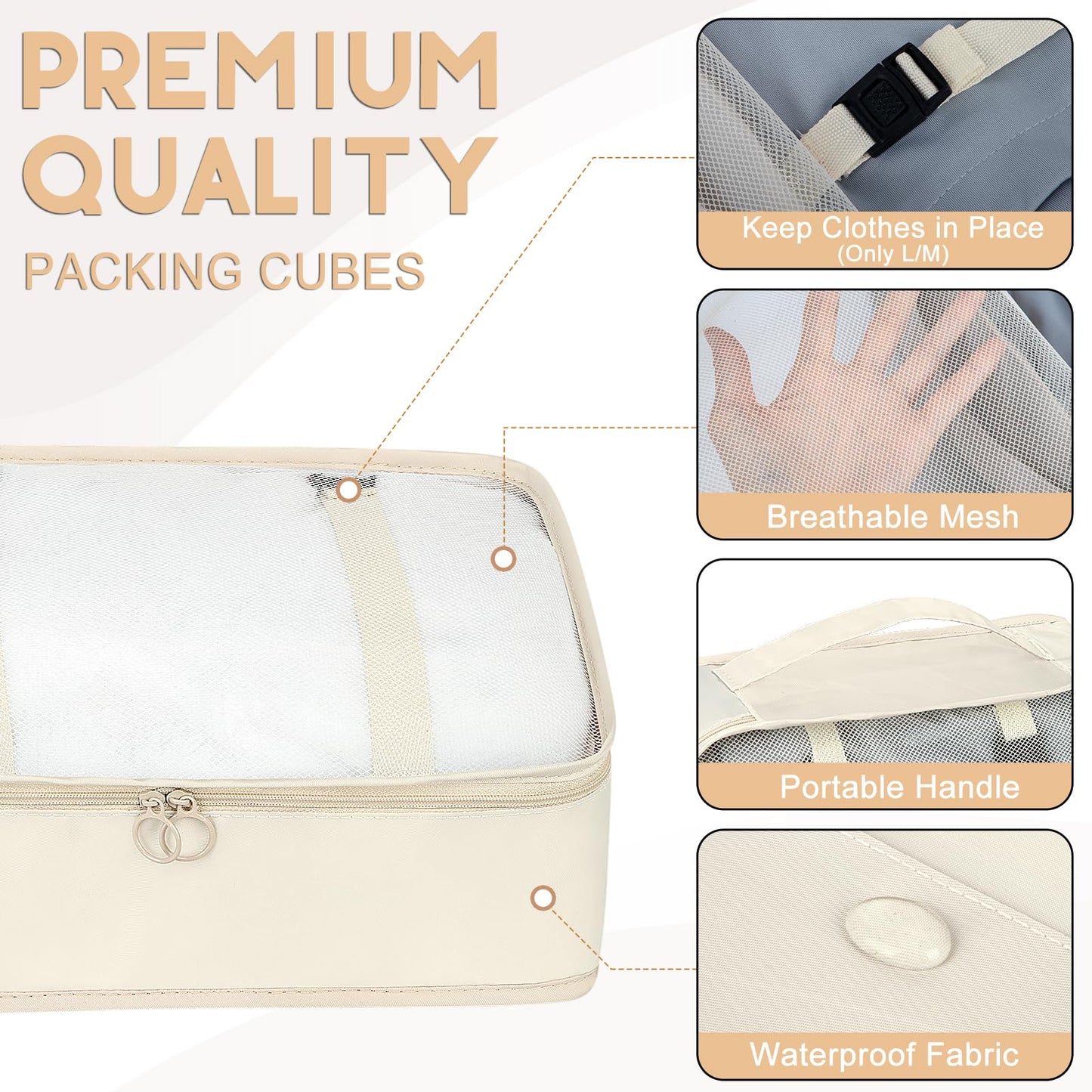 10 Set Packing Cubes for Travel, Luggage Organizer Bags with Hanging Toiletry Bag and Shoe Bag, Travel Packing Cubes for Carry on Suitcase Luggage Accessories Vacation Essentials (Beige)