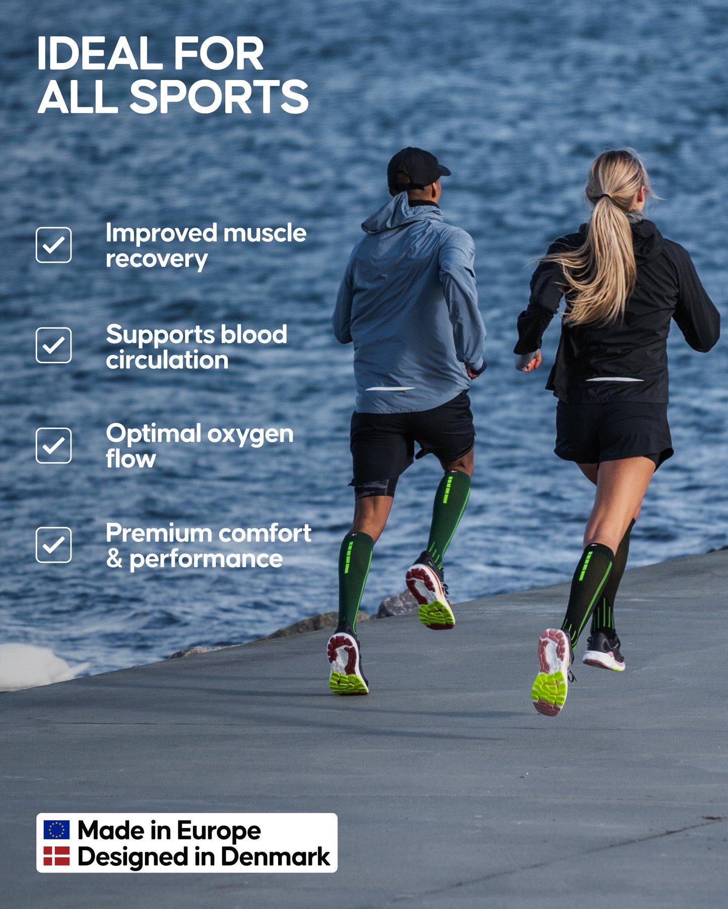 DANISH ENDURANCE Running Compression Socks, Flight Socks, 21-26mmHg, Graduated, for Men & Women, Unisex, Black, 43-47