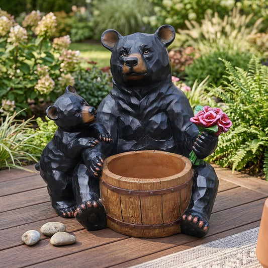 Bear and Cub Garden Planter - 21-Inch Large Resin Black Bear Statue with Flower Barrel, Rustic Wood Carved Look Flower Pot for Outdoor Porch Patio Yard Decor, Animal Sculpture Housewarming Gift
