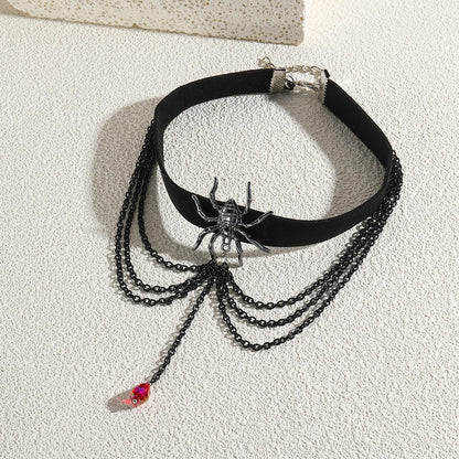 Spider Velvet Choker Gothic Necklace with Crystal Layers - Black Halloween Party Costume Jewelry Gift