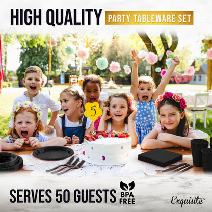 350 Pcs Black Plastic Plates For Party, Black Disposable Plates Set, 50 Of Each 9" Dinner Plate Set, 7" Dessert Plate, Cups, Napkins & Cutlery Plastic Dinnerware Party Solids