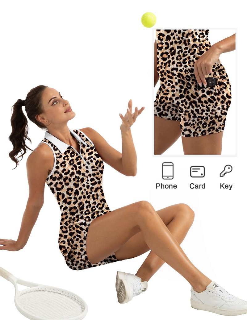 FKEEP Women's Golf Tennis Dress Sport Activewear Zipper V-Neck with Shorts and Pocket Workout Athletic (Leopard, XL)