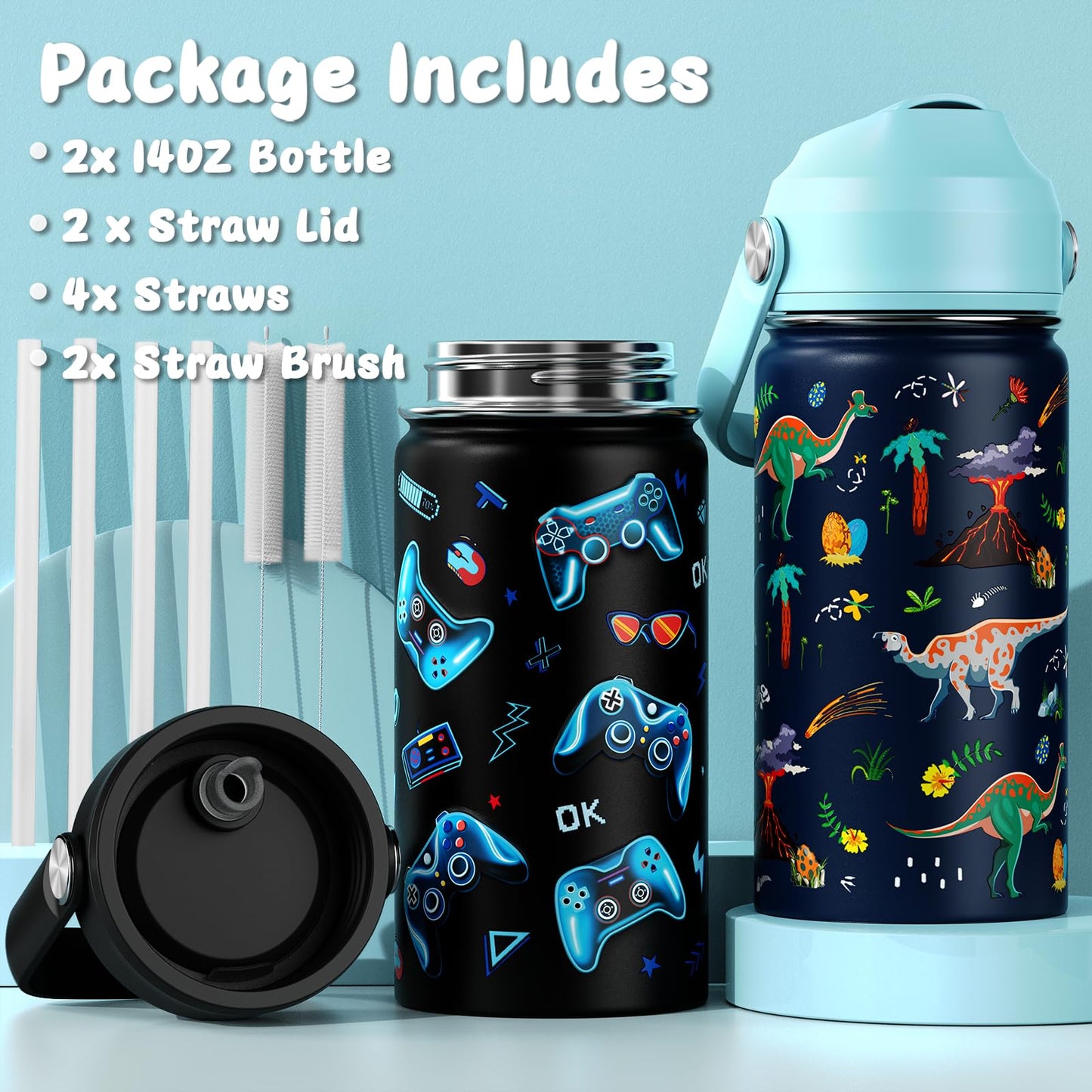 ACESAK 14oz Kids Insulated Water Bottle with Straw Lid - 18/8 Stainless Steel Kid Cup Travel Tumbler Double Wall Vacuum Leak Proof Portable Toddler Water Bottle (Game + Dinosaur)