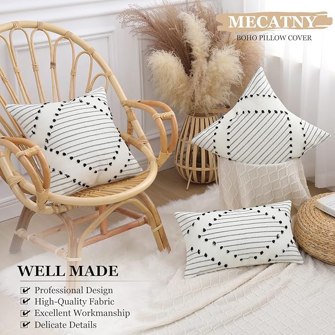 Mecatny Boho Outdoor Throw Pillow Covers 20X20 Set of 2, Farmhouse Decorative Pillow Covers for Couch Sofa Living Room, Black & Cream White