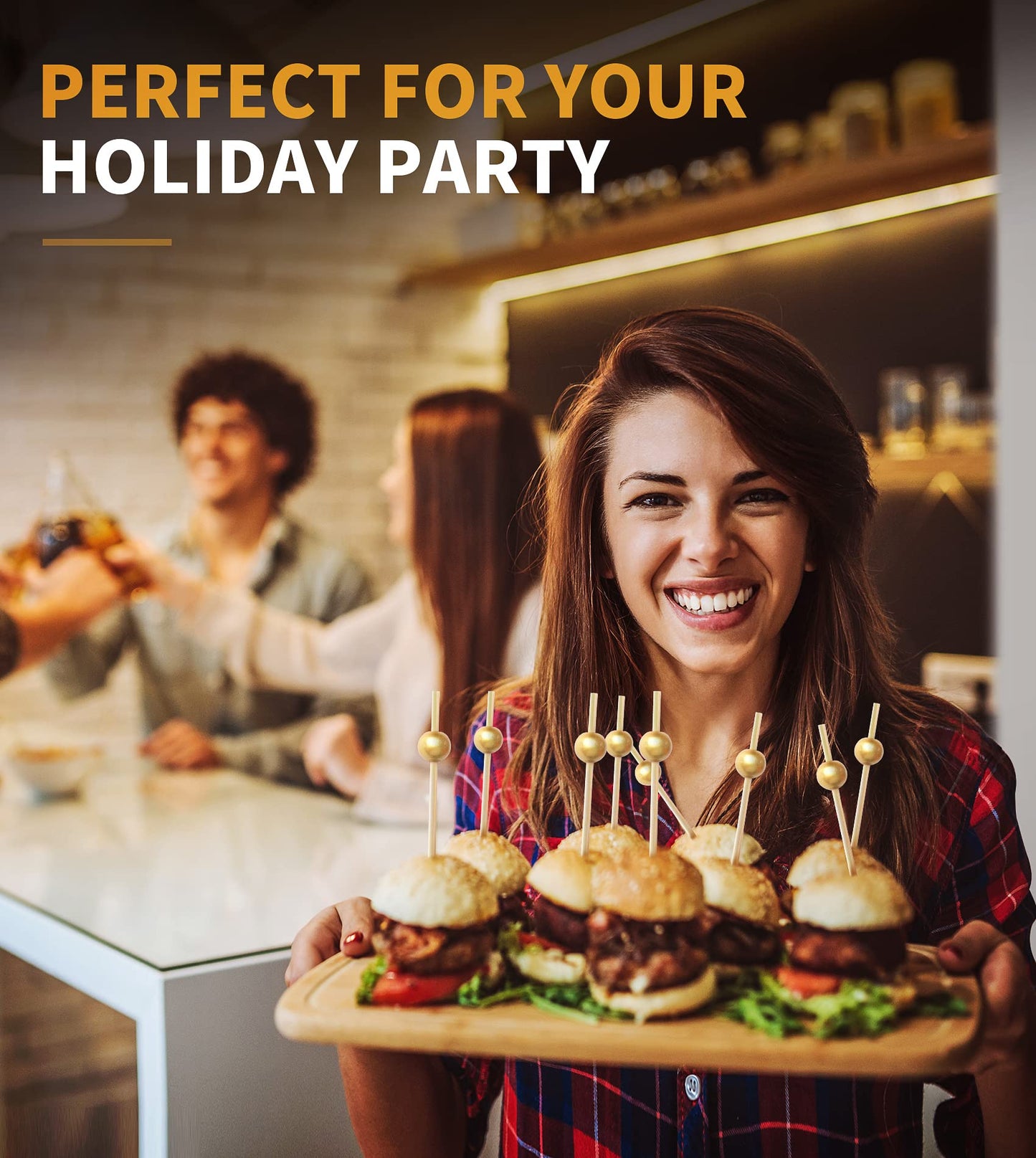 200PCS Cocktail Picks, Fancy Toothpicks for Appetizers, Decorative Bamboo Skewers for Appetizers Drinks Fruit, 4.7 Inch Long Wooden Gold Pearl Food Sticks Charcuterie Boards Accessories Party Supplies