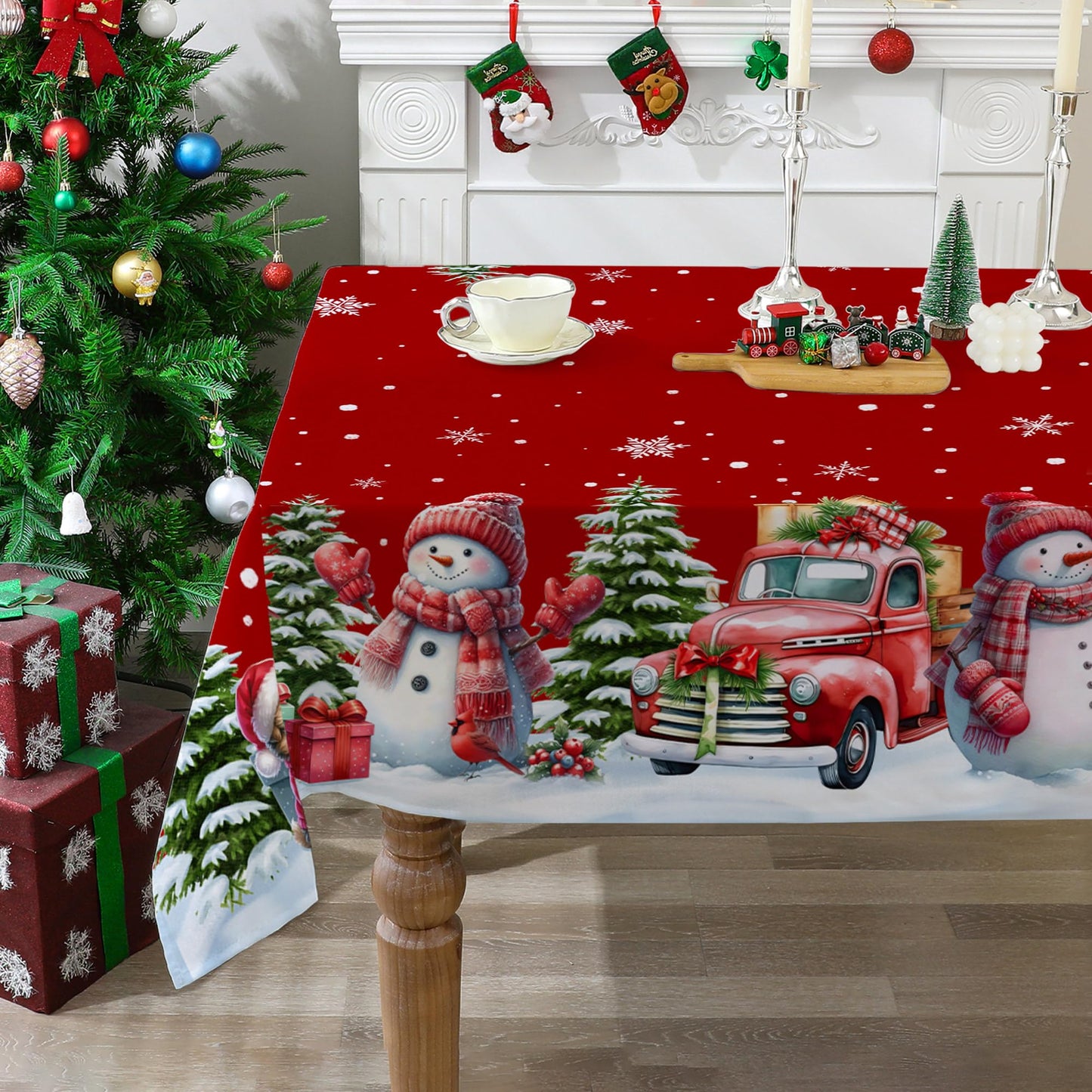 cusugbaso Christmas Tablecloth 60x84 Inches for Rectangle Tables - Red Christmas Decor for Table - Snowman Water Resistant Xmas Table Cloth, Party Decorations for Kitchen, Home
