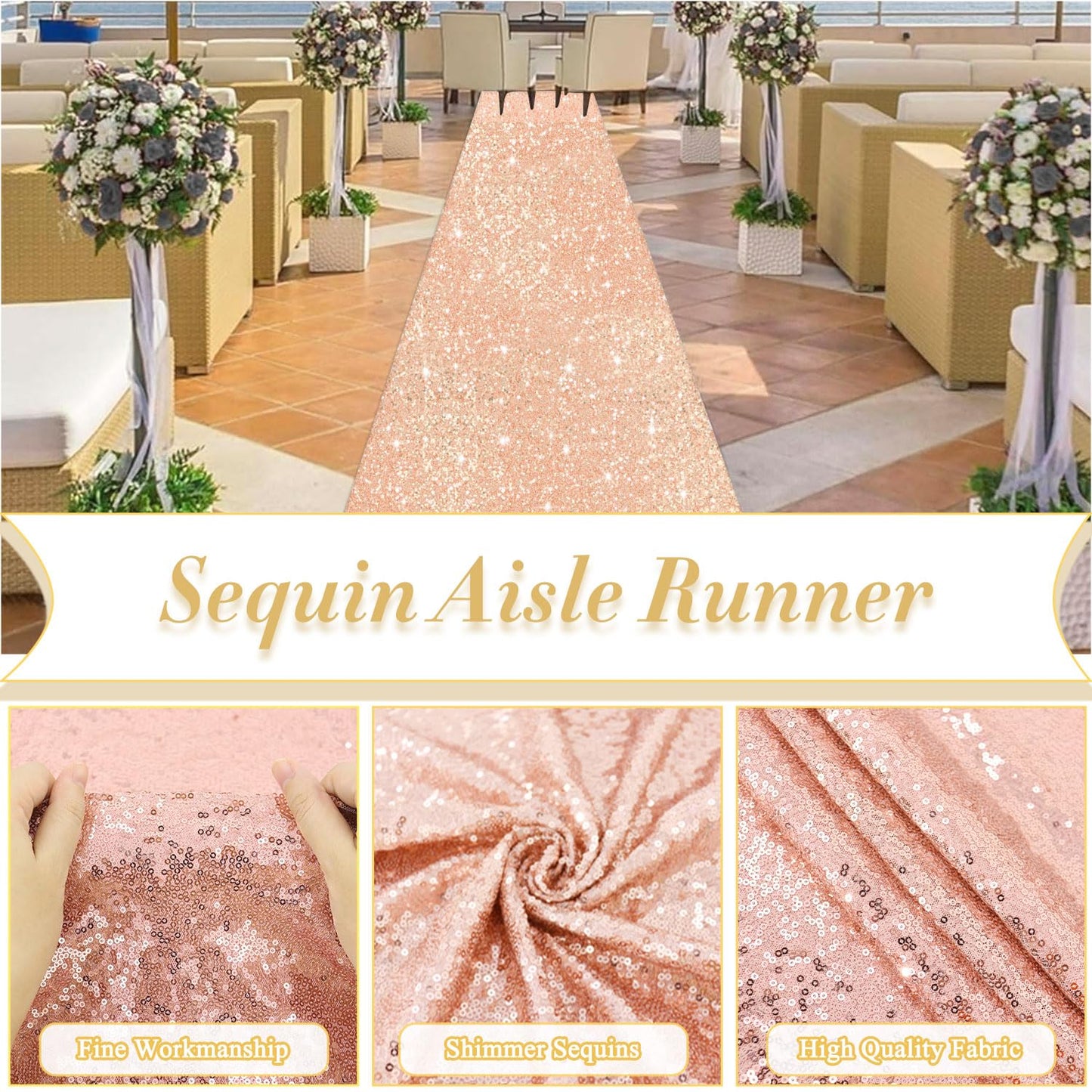 PATYDEST Rose Gold Carpet Runner Sequin Aisle Runner for Wedding Ceremony 4FTx15FT Glitter Wedding Runner Aisle Outdoor Aisle Runners for Bithday Banquet Parties Prom Decorations