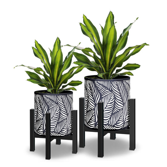 10 & 12 Inches Plant Pot with Stand Set of 2, Decorative Palm Leaves Printing Planter with Holder, Garden Pot for Snake Plant, Monstera, Houseplants - Indoor Outdoor Flower Pots with Drainage Holes