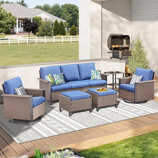 Wicker Patio Furniture Set Swivel Chairs-6 Pieces All-Weather Outdoor Patio Conversation Set with Rattan 3 Seater Sofa, Wicker Outdoor Furniture for Garden Porch Deck Backyard Brown/Blue