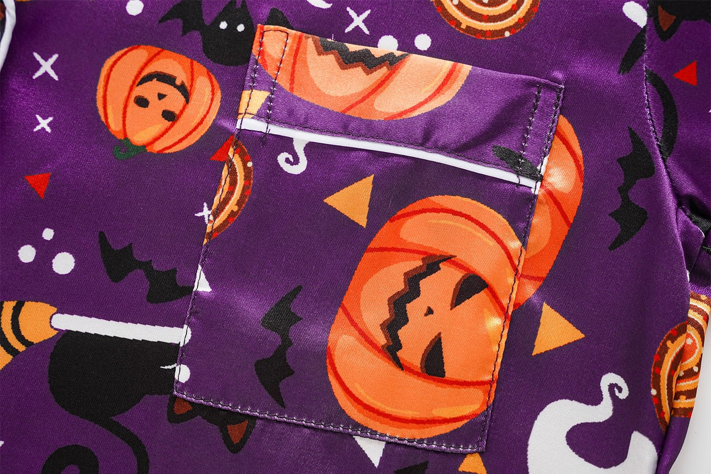 Vopmocld Unisex Kids Girls Boys 3PCS Satin Pajamas Set Button Down Short Sleeve Long Pants and Shorts Silky Nighty Lounge Sleepwear, Halloween Purple, 10