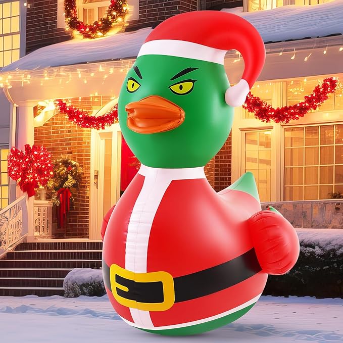 Hungdao 1 Pcs 4 Feet PVC Christmas Giant Inflatable Green Hair Monster Duck Huge Rubber Large Blow up Duck Christmas Pool Floats for Xmas Holiday Indoor Outdoor Pool Decorations