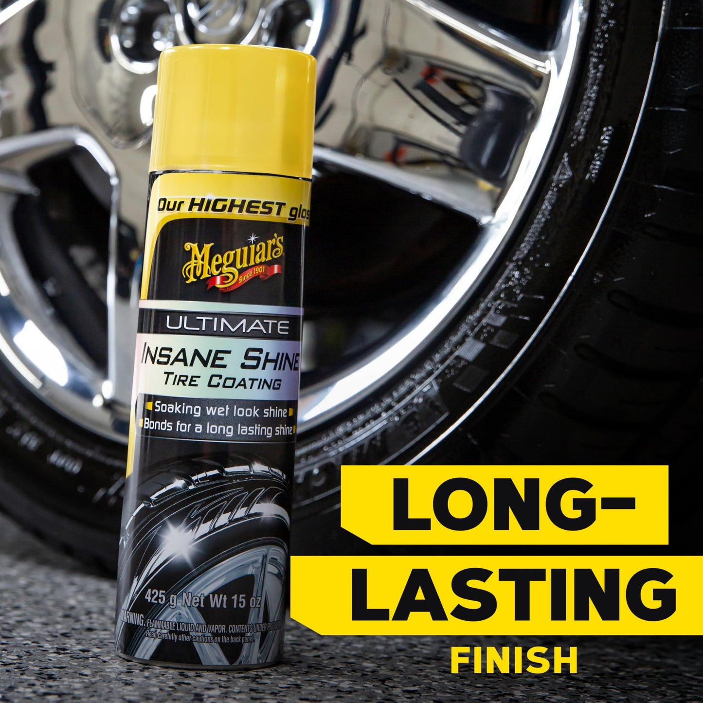 Meguiar's G190315 Ultimate Insane Shine Tire Coating, gives a Finish that Creates a Lasting Wet-Look for a Classic Black Shine, Easy to Use, No Hassle, No Mess, Ultimate Protection, 15 Oz Aerosol Can