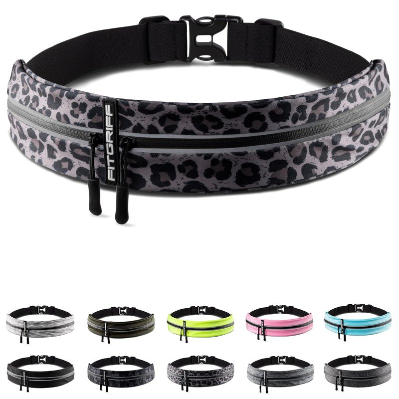 Fitgriff® Running Belt for Men & Women - Secure Jogging Pouch for Phone, Keys & Essentials - For All Cell Phones (Leopard, 24.5" - 35.5" Waist Size)