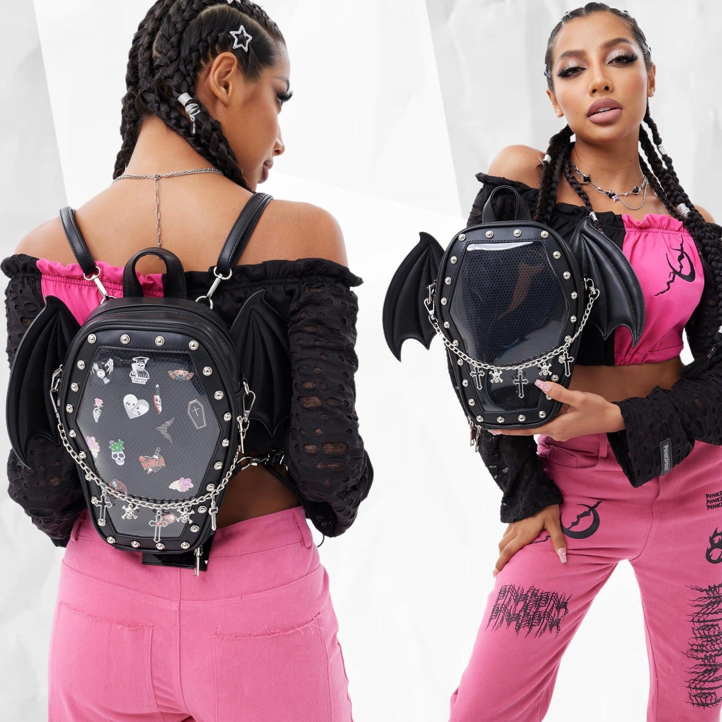 ENJOININ Gothic Coffin Shape Purses and Handbags for Women Halloween Shoulder Bag Ita Backpack Purse with Wings 2 Way