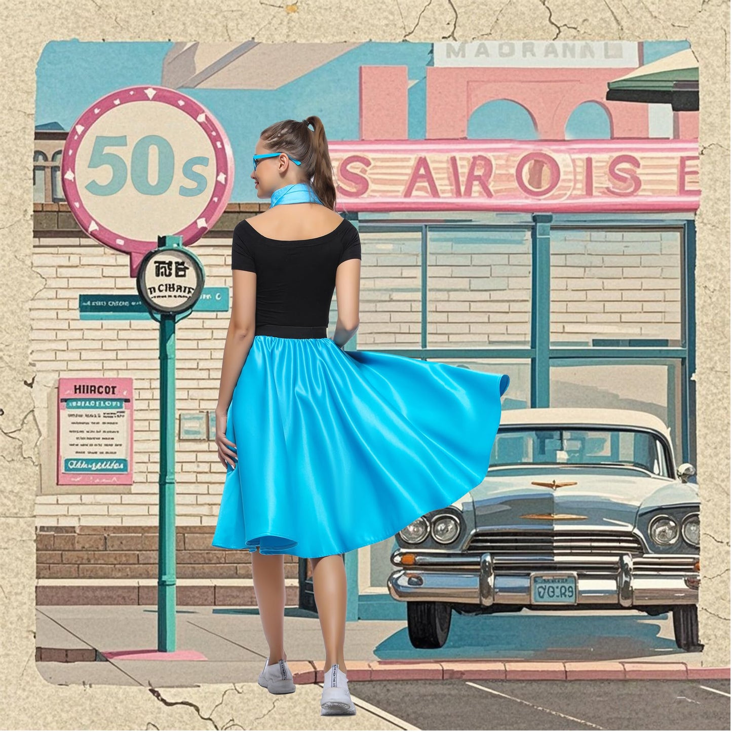 Rabtero Women Sock Hop Costume, Adult 1950s Poodle Dress Costume, 50's Poodle Skirt with Glasses, Scarf and Socks for Women 2-10, S/M, Blue