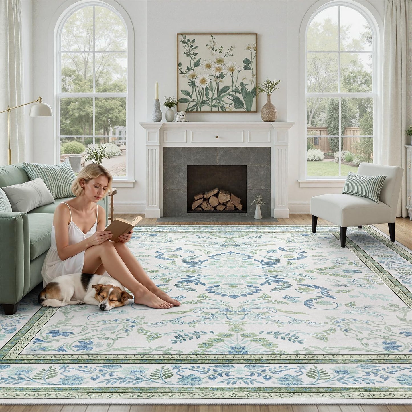 DCX Green 5x7 Rug, Kid & Pet Friendly with Rubber Back Non Slip, Machine Washable Stain Resistant Botanical Floral Rug for Living Room, Bedroom, Home Office, Soft Low Pile Large Nursery Carpet