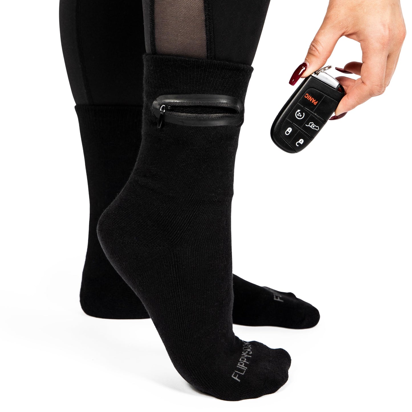 Flippysox Zipper Sock Wallet - Cotton & Polyester Zipper Socks with Pockets - Fits shoe size 6-13 (Black)