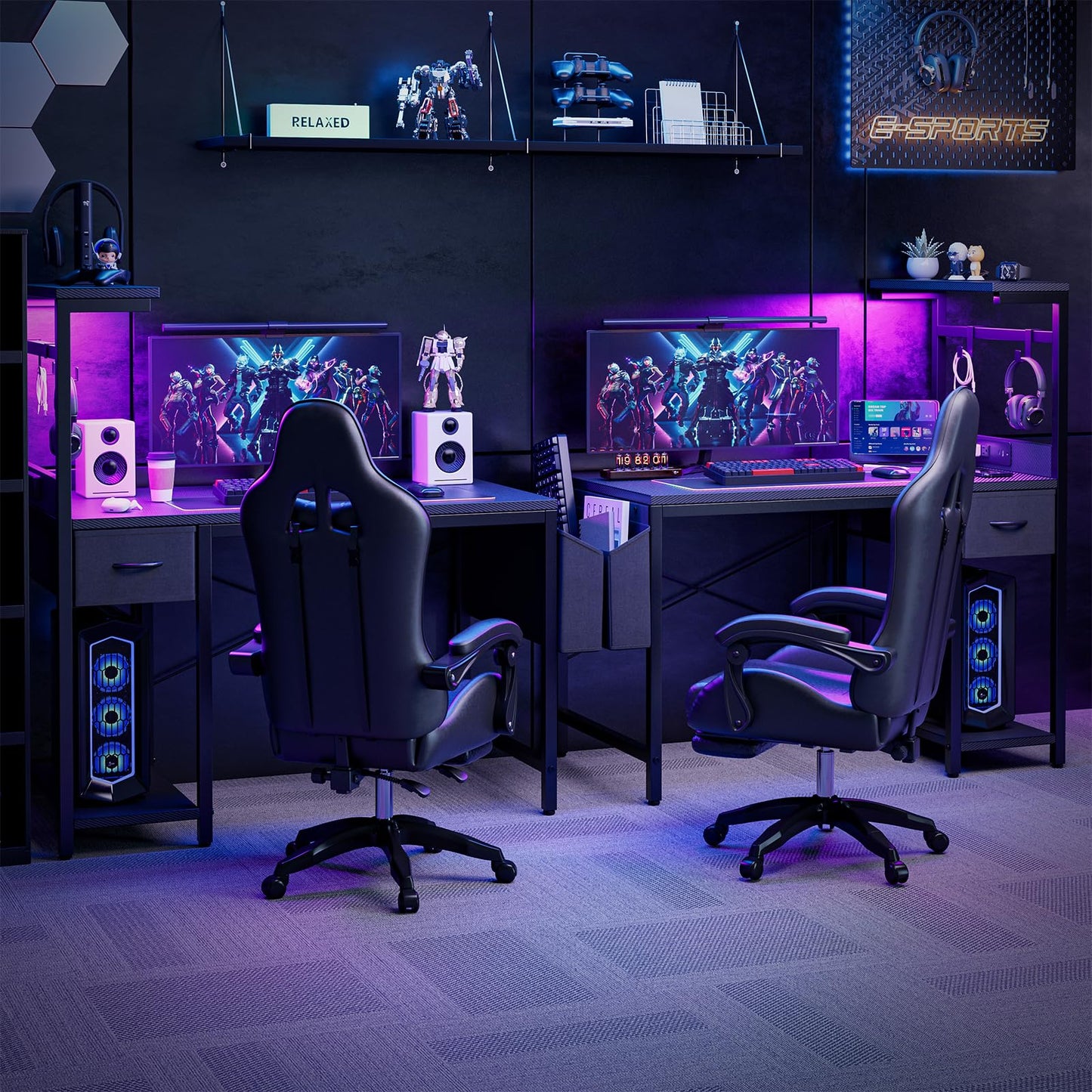 Grandder Gaming Desk 47 Inch with Power Outlet and LED Light, Computer Desk with Reversible Shelves and Storage Drawer, Pc Small Desk for Home Office Table with Bag, Carbon Fiber Black