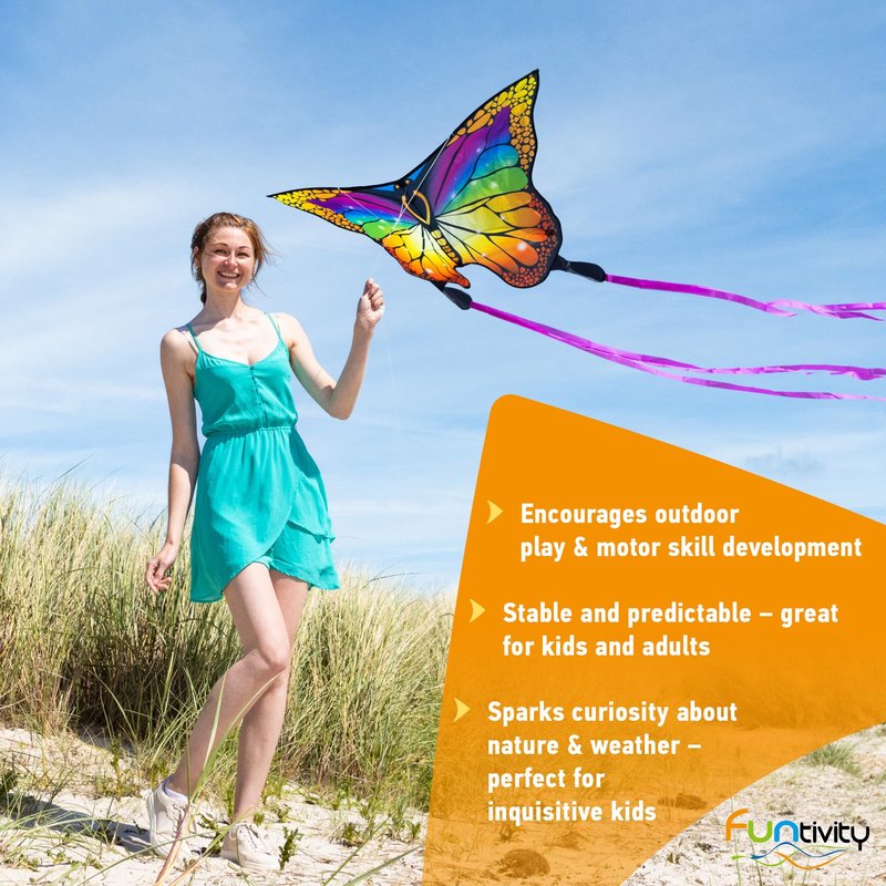 Funtivity Children's Kite Simple Flyer Rainbow Fountain - Ready-to-Fly Single Line with Rainbow Tail - Includes Handle & Cord - Kite from 5 Years - Lightweight Flight Kite for Garden, Park & Beach
