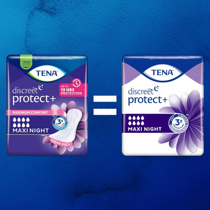 TENA Discreet Maxi Night, Incontinence Pads for Women, Specifically Designed for Night Time Protection with Wider Back and Extra Length, 48 Count (Pack of 8 x 6),packaging may vary
