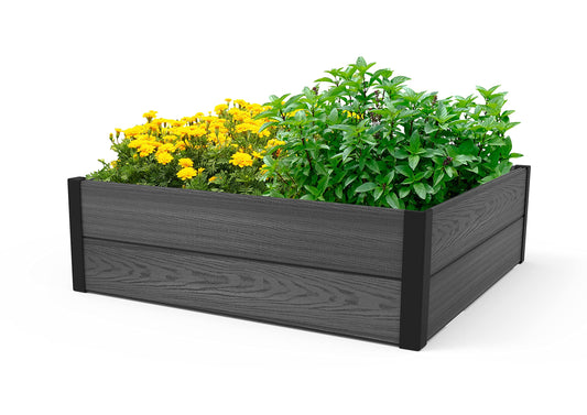 Keter 48" X 48" inches Wood Look Raised Garden Bed, Durable Outdoor Herb Garden Planter for Vegetables, Flowers, and Succulents, Grey