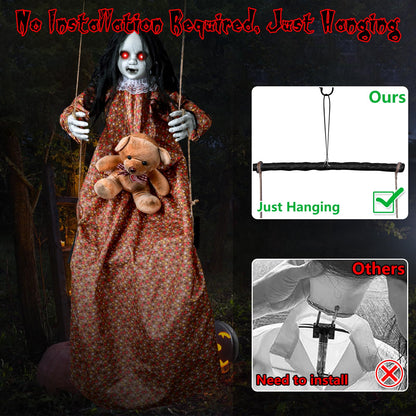 3.75 Ft Halloween Decorations Animatronics Hanging Swinging Girl with Creepy Sound/Light Up Eyes/Scary Expression, Creepy Doll Hanging Ghosts Haunted House Holiday Decor Prop for Indoor Outdoor