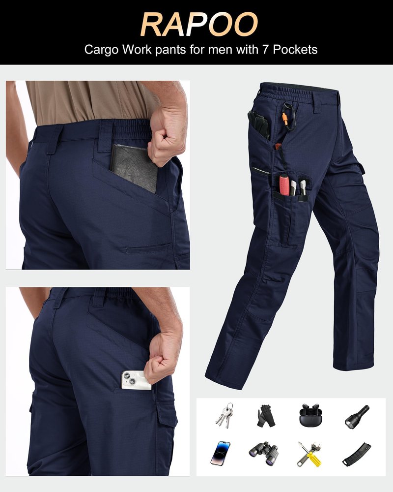 Rapoo Tactical Pants for Men Cargo Working Fishing Pants for Men with Pockets Mens Outdoor Pants Navy 44Wx34L