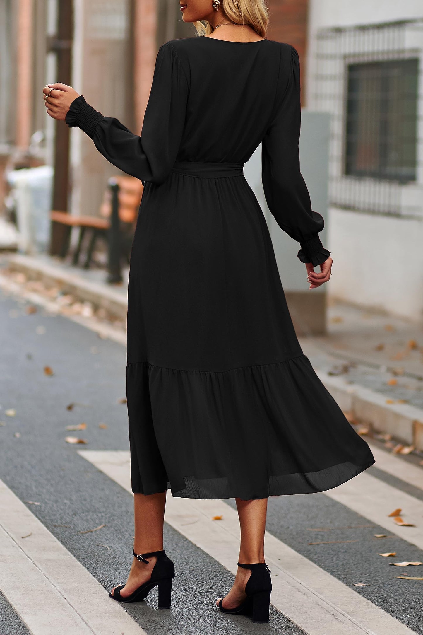 PRETTYGARDEN Women's Floral Boho Dress Fall Long Sleeve Wrap V Neck Ruffle Flowy Maxi Spring Wedding Guest Vacation Dresses (Solid Black,Medium)