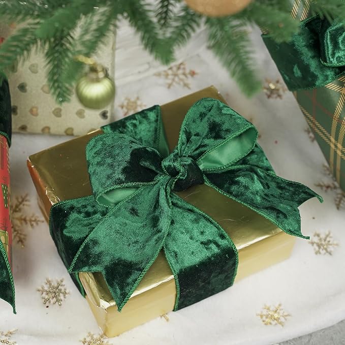 MEEDEE Green Velvet Wired Ribbon 2.5 inch Crushed Velvet Christmas Ribbon 10 Yards for Christmas Tree Decoration, Wreath Supplies, Crafts Bow, Gift Wrapping, Wedding Decor and Accents