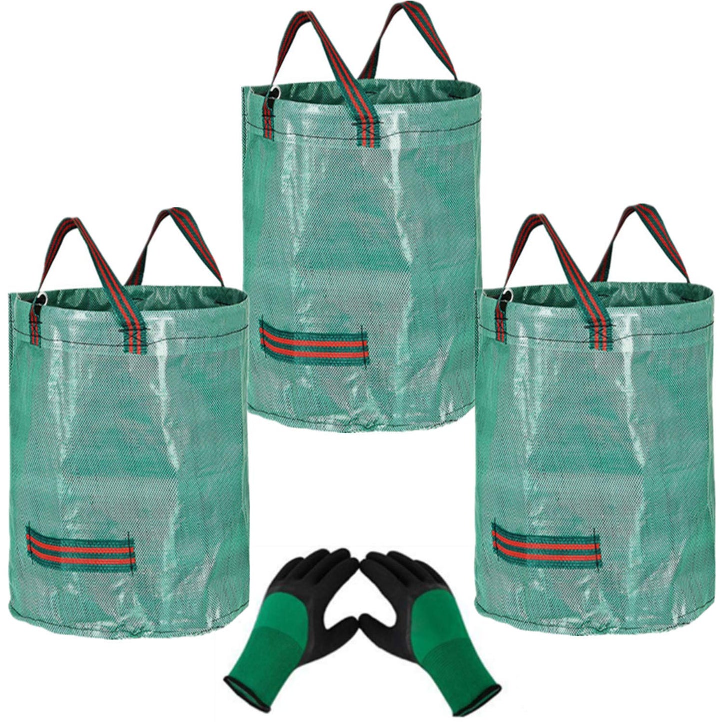 3Pcs 272L Heavy Duty Large Garden Waste Bags (H76cm,D67cm)&1 Gardening Gloves,Refuse Bags Garden Rubbish Bag Reusable Garden Waste Sacks,Grass Cutting Bags Leaf Bags Gardening Bags Sacks with Handles