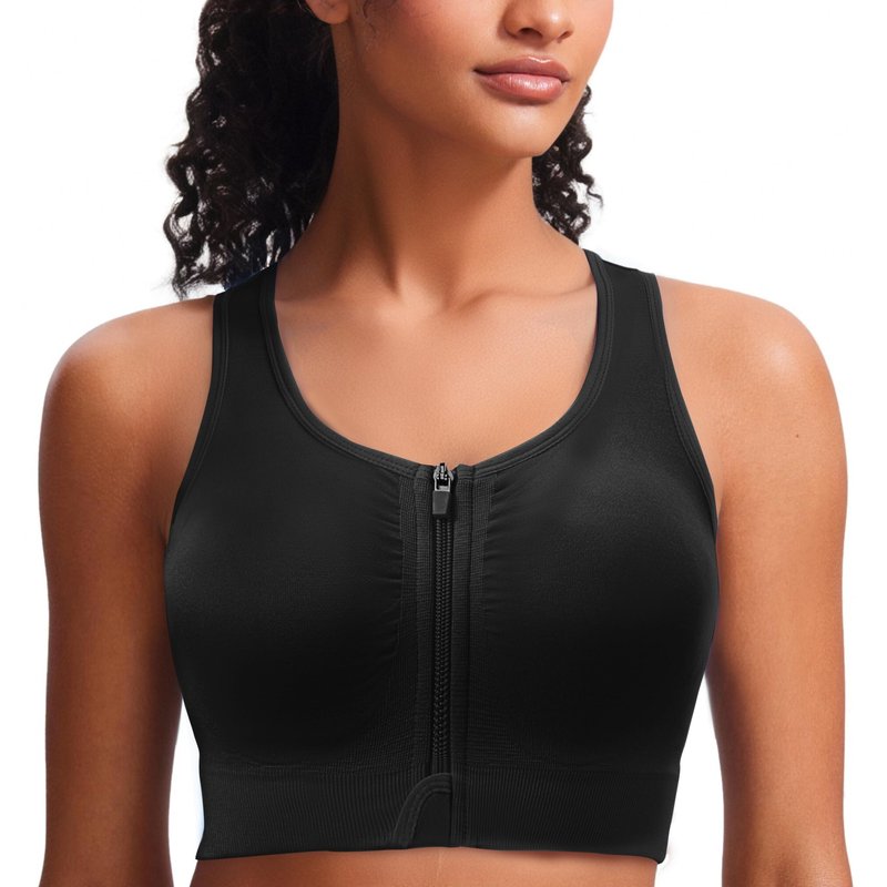 SPORME RUNNING Zip Front Sports Bra for Women - Medium Support Racerback Workout Bra with Removable Pads & Double Hooks（Black）