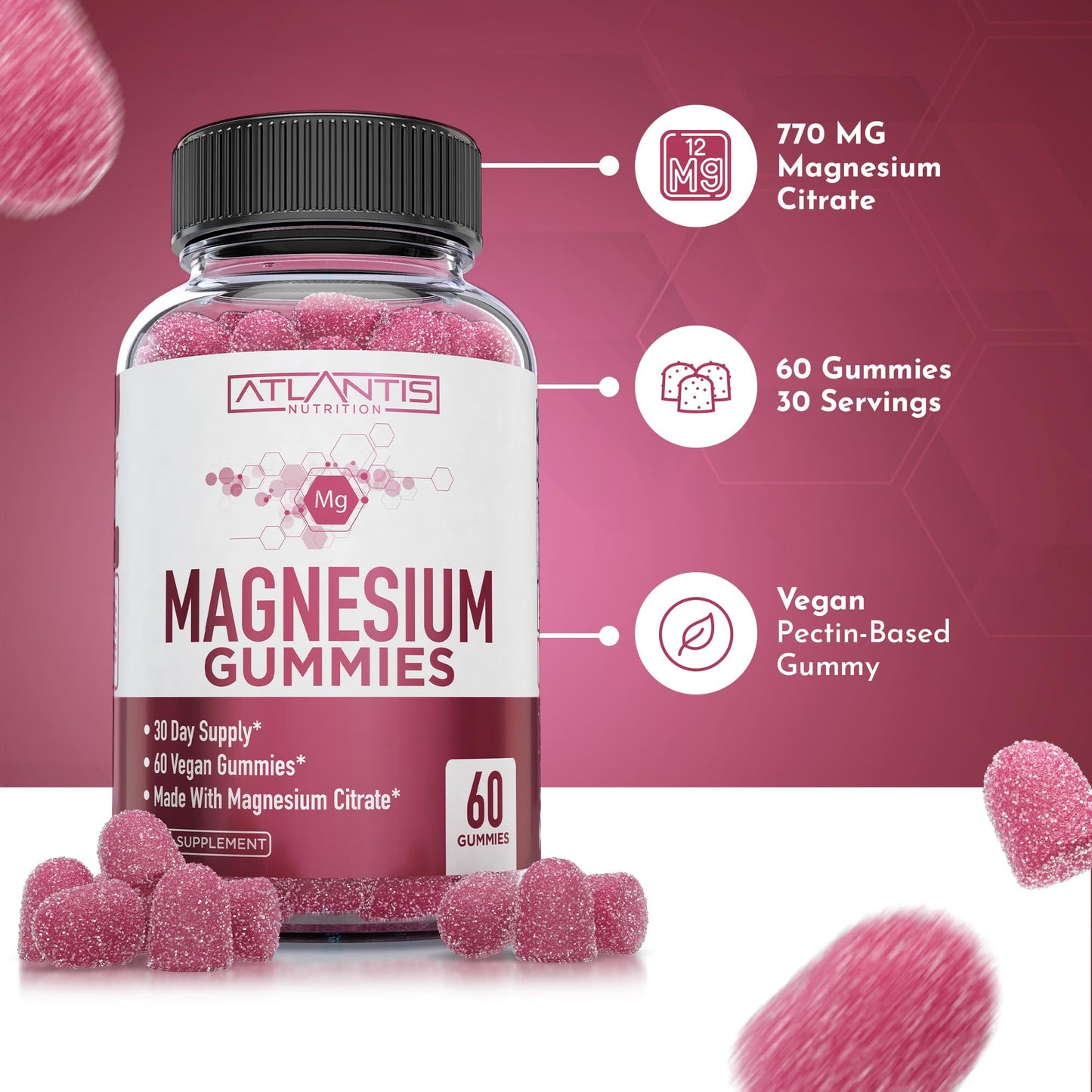 Magnesium Gummies - 770 MG Magnesium Citrate - Promotes Calmness & Improves Sleep. Helps Muscles Recover & Relieves Cramps - 60 Vegan Gummies