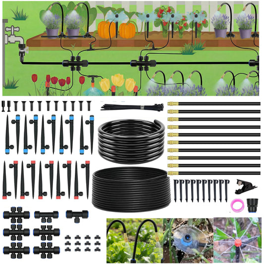 240FT Drip Irrigation System for Garden: 30 Nozzles 1/2" PE Tubing Automatic Watering Kit Adjustable Misting Sprinkler Mister 1/4" Hose for Water Plants Tape Raised Beds Lawn Outdoor Greenhouse