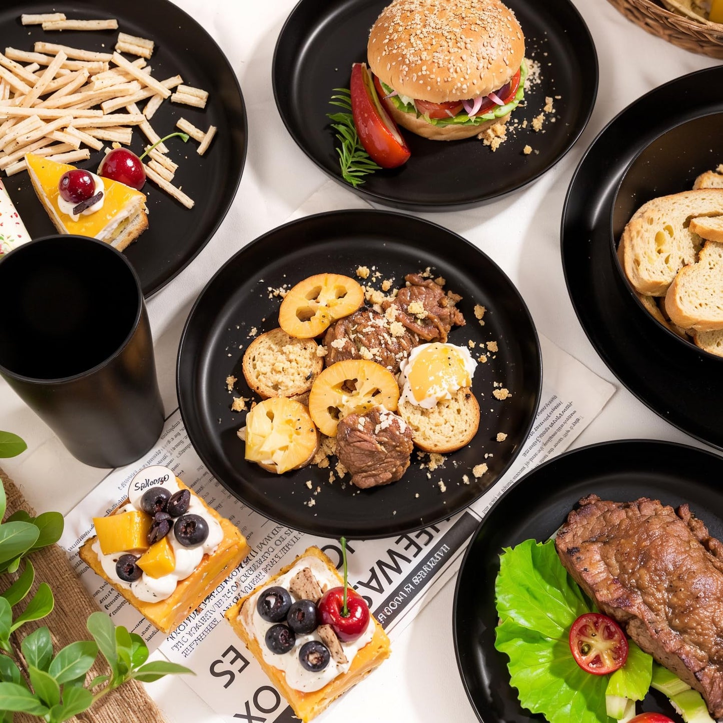 EI 24pcs Black Wheat Straw Plates,Wheat Straw Dinnerware Set,Plates and Bowls Sets,Reuasble Plate,Unbreakable Dinner Plate Heavy Duty Plastic for Halloween