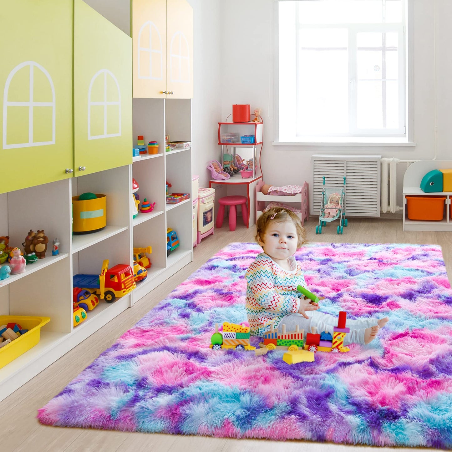 4x6 Tie-Dyed Pink Purple Blue Area Rug for Kids Bedroom Living Room, Fluffy Shag Soft Plush Furry Carpet, Non-Slip Indoor Floor Mat for Dining Room Home Decor