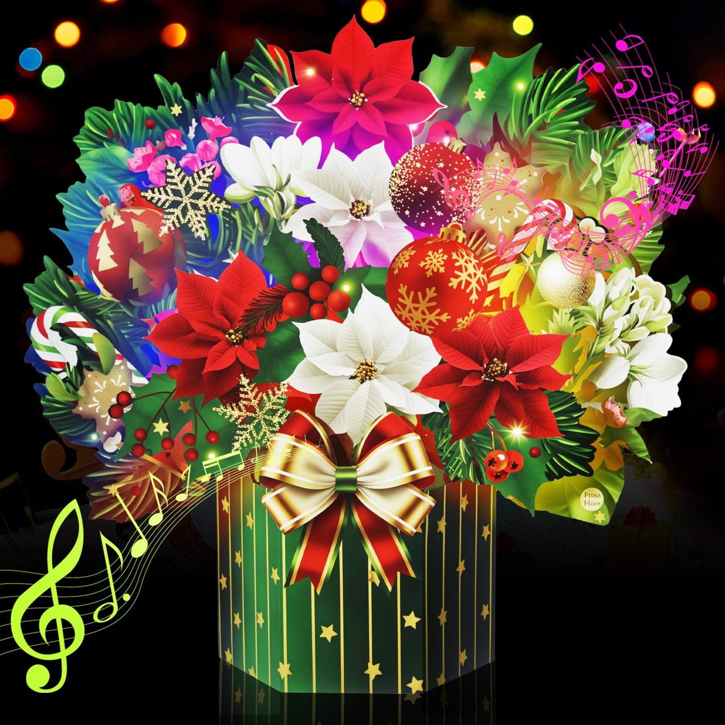 Yinqing Christmas Cards, Light and Music Merry Christmas Cards, 13 Inch Life Sized Forever Flower Bouquet 3D Pop Up Xmas Gift Card for Women Wife Mom Daughter Sister