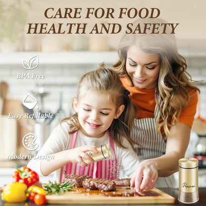 Gold Salt and Pepper Shakers Set, 5 oz Modern Farmhouse Kitchen Decor and Accessories for Restaurant, Wedding, Housewarming Gifts Refillable Design (Gold)