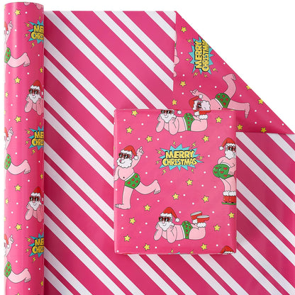EWES Funny Christmas Wrapping Paper Pink Set Rolls Santa Claus For Kids Cute Reversible Cartoon Thick Gift Wrap Sheets Unique Heavy Duty Fun Total 28.5sq.ft