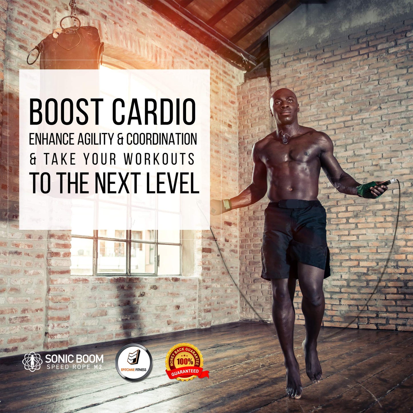 Epitomie Fitness Sonic Boom M2 High Speed Jump Rope - Patent Pending Self-Locking, Screw-Free Design – Weighted, 360 Degree Spin, Silicone Grip with 2 Speed Rope Cables for Home Workout, & More