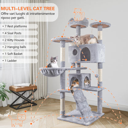 HOMIDEC Cat Tree,151cm Cat Tower for Indoor Kitty,Scratching Post Stable Activity Centre Climbing Tree with 2 Kitty Houses, Hammock, 4 Sisal Posts, Ladder, and Rest Place