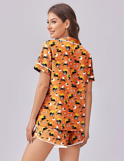 Ekouaer Womens Silk Satin Pajama Set Print Short Sleeve Sleepwear Button Down Pjs Shorts Set Loungewear Halloween Kitty XL