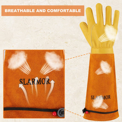 SLARMOR leather Gardening Gloves for Women/Men - Thorn Proof Cowhide Leather Rose/Blackberry Pruning Heavy Duty Garden Gloves Thick Palm Gauntlet Garden Work Gloves with Forearm Protection