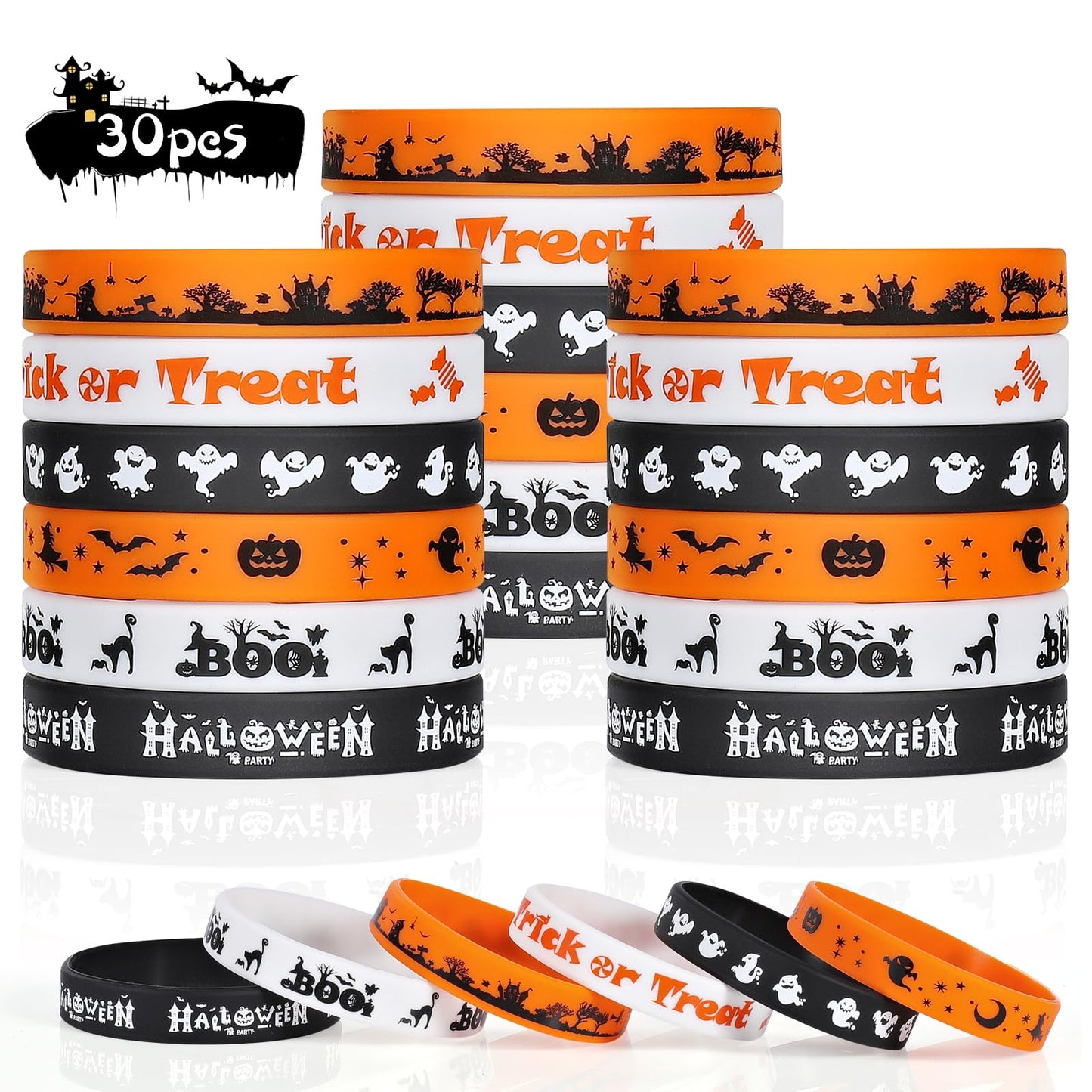 Halloween Rubber Bracelets 30 PCS Bulk Halloween Party Favors Supplies Silicone Wristbands for Gifts Toys Goodie Bag Fillers Stuff Classroom Prizes for Kids Teens Girls Boys