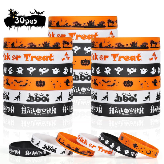 Halloween Rubber Bracelets 30 PCS Bulk Halloween Party Favors Supplies Silicone Wristbands for Gifts Toys Goodie Bag Fillers Stuff Classroom Prizes for Kids Teens Girls Boys